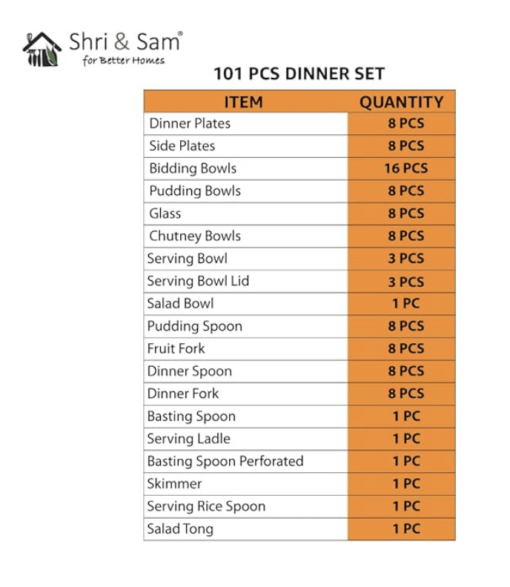 Shri & Sam Designer Stainless Steel Shagun Laser Bloom Dinner Set, 101 Pieces - Image 3
